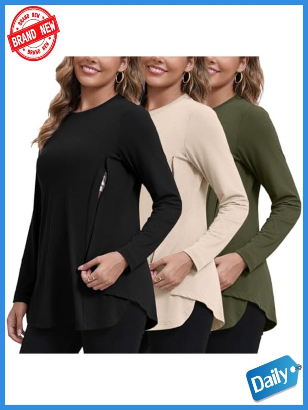 Nursing Shirts 3 Pack Long Sleeve Hidden Zipper Breastfeeding Tops Maternity